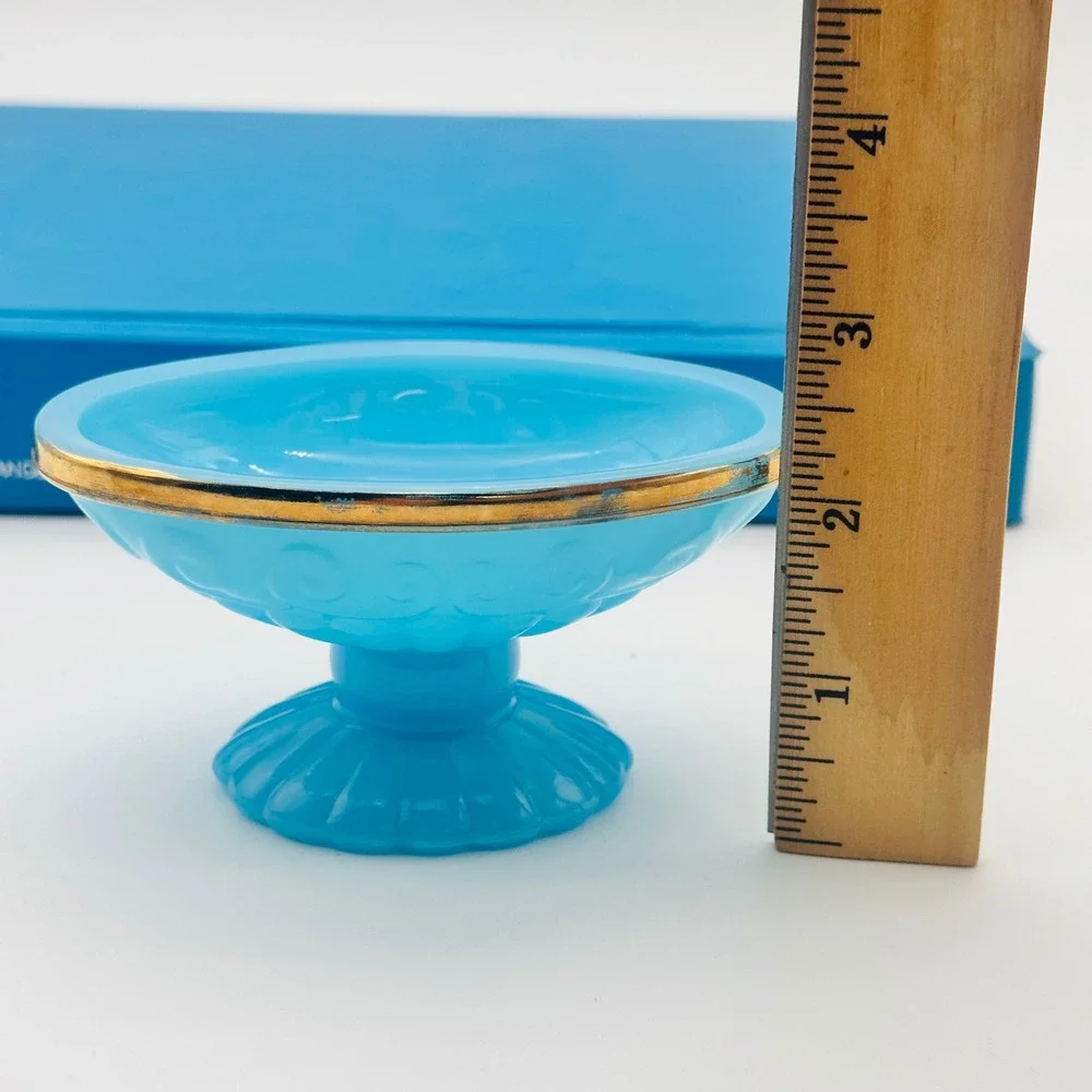 Vintage Avon Blue Milk Glass Pedestal Trinket Dish Soap Gold Rim Scroll Pattern